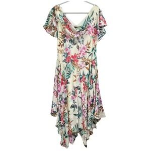 Robbie Bee Dress Womens 18 Cream Floral Cowl Neck Handkerchief Hem Lined V Back